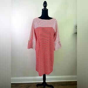 Ralph Lauren Midi Red White Stripe Feminine Dress Bell Sleeves scoop neck sz L